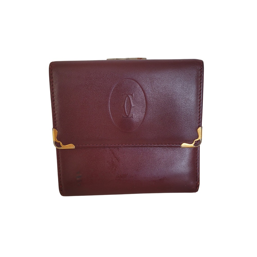 Cartier Must de Cartier Burgundy Leather Kiss Lock Bifold Wallet Vintage Italy